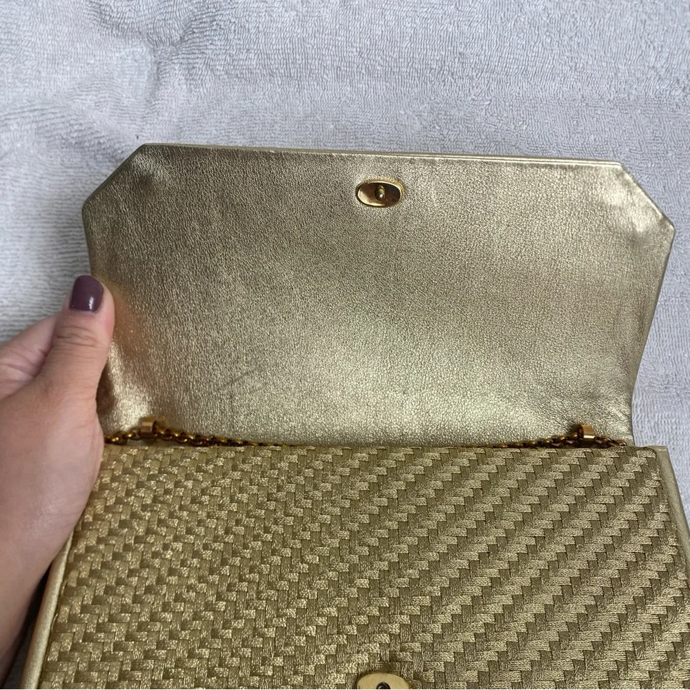 Vintage Gucci Women Metallic Gold Woven Clutch Shoulder Chain Bag Luxury Classic - Picture 11 of 16